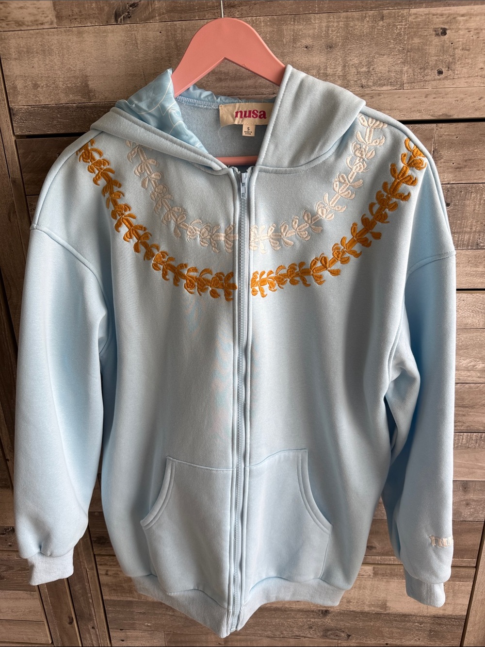 Nusa Light Blue Embroidered Puakenikeni Zip-Up Hoodie Jacket